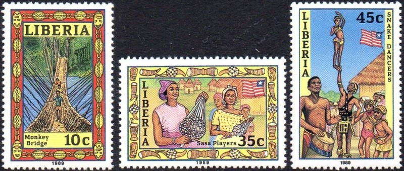 Liberia 1988 Sasa Players, Snake Dancers and Monkey Bridge Stamps Date stamped 1989 Liberia 1988 Sasa Players, Snake Dancers and Monkey Bridge Stamps Date stamped 1989
